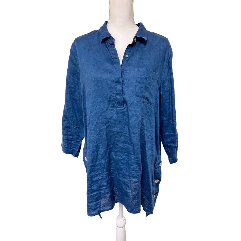 J JILL Love Linen Tunic Blouse Top Sz L Blue Coastal Oversized Flowy Arty Travel